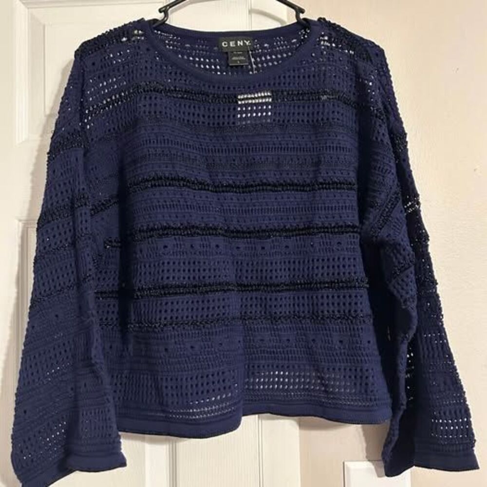 NEW CENY Navy Cotton Blend Crochet Knit Sweater Large